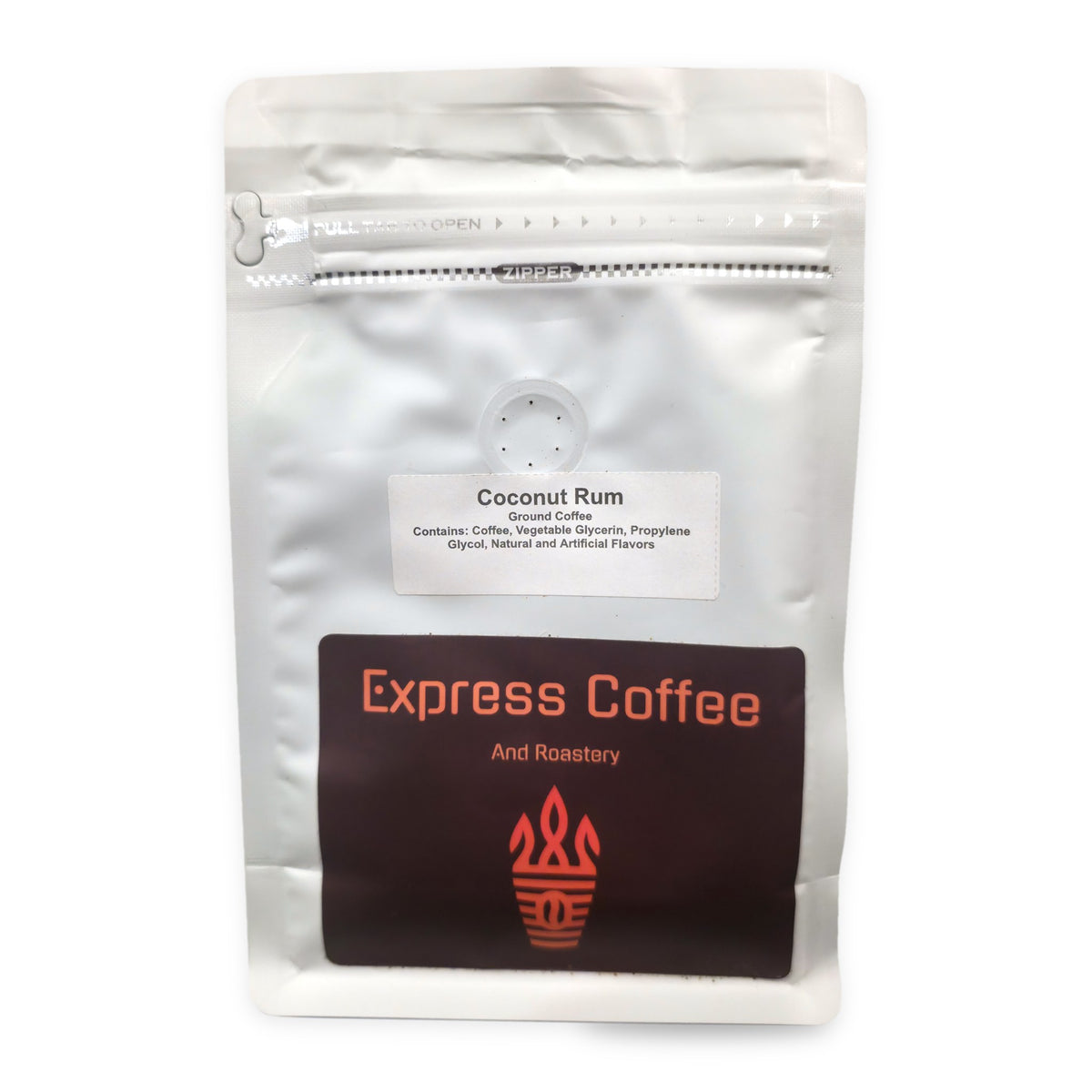 Express Coffee and Roastery Coconut Rum flavored ground coffee bag